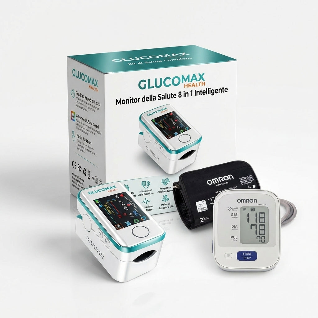 Kit Salute: Glucomax Misuratore Senza Dolore + Gratis Misuratore di Pressione