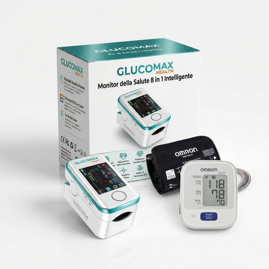 Kit Salute: Glucomax Misuratore Senza Dolore + Gratis Misuratore di Pressione